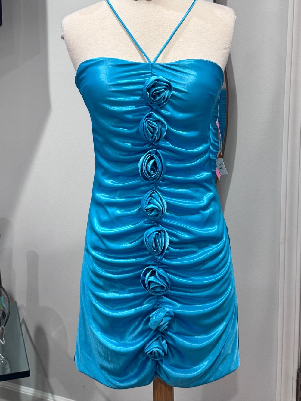 Morgan & Co. Turquoise Satin Ruched Mini Dress with Rosette Detail